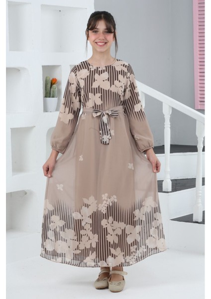 Kız Çocuk Çiçek Desenli Şifon Elbise – Uzun, Astarlı, Tesettüre Uygun ELBISE-ELB-0040