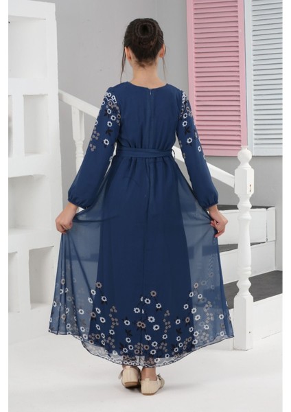 Kız Çocuk Çiçek Desenli Şifon Elbise – Uzun, Astarlı, Tesettüre Uygun ELBISE-ELB-0040