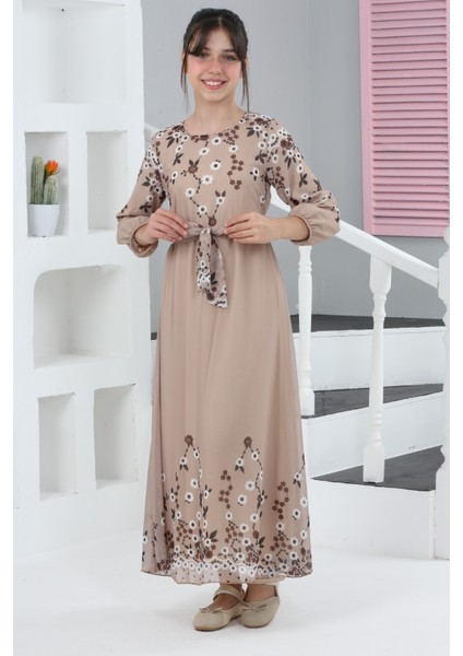 Kız Çocuk Çiçek Desenli Şifon Elbise – Uzun, Astarlı, Tesettüre Uygun ELBISE-ELB-0040