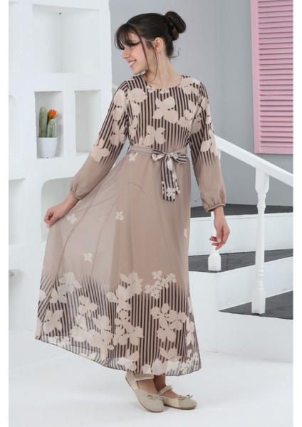 Kız Çocuk Çiçek Desenli Şifon Elbise – Uzun, Astarlı, Tesettüre Uygun ELBISE-ELB-0040