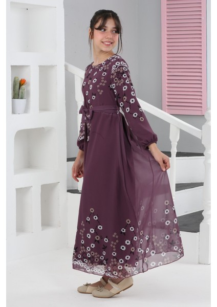 Kız Çocuk Çiçek Desenli Şifon Elbise – Uzun, Astarlı, Tesettüre Uygun ELBISE-ELB-0040