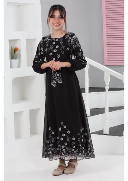 Kız Çocuk Çiçek Desenli Şifon Elbise – Uzun, Astarlı, Tesettüre Uygun ELBISE-ELB-0040
