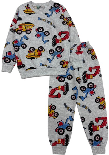 Erkek Çocuk Pamuklu Mevsimlik Gri Kepçe Desen Uzun Kollu Pijama Takımı