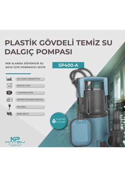 SP400-A Plastik Gövdeli Kirli Su Dalgıç Pompası 0,55HP