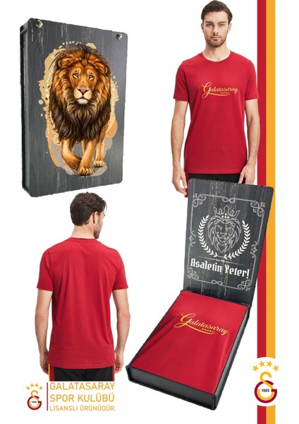 Orijinal Lisanslı Kırmızı Erkek T-Shirt Gs Aslan Baskılı Hediyelik Ahşap Kutulu