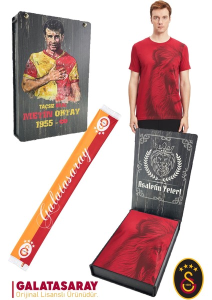 Orijinal Lisanslı Aslan Baskılı T-Shirt + Şal Kaşkol Set Hediyelik Ahşap Kutulu