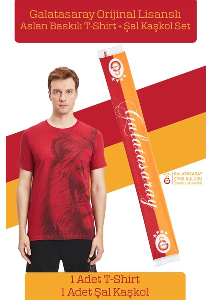 Orijinal Lisanslı Aslan Baskılı T-Shirt + Şal Kaşkol Set Hediyelik Ahşap Kutulu fiyatları