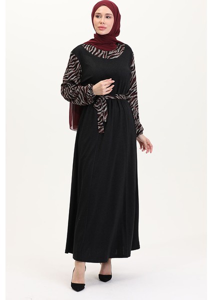 Kombinli Kuşaklı Elbise 4405B-01 Siyah Bordo