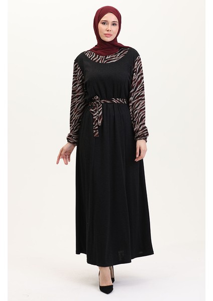 Kombinli Kuşaklı Elbise 4405B-01 Siyah Bordo fiyatları