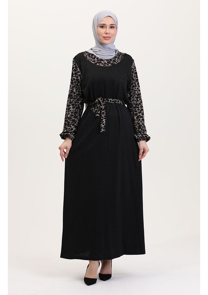 Kombinli Kuşaklı Elbise 4405C-01 Siyah Bordo
