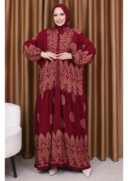 Balon Kol Çini Desen Elbise 5575-04 Bordo