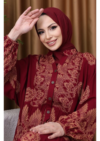 Balon Kol Çini Desen Elbise 5575-04 Bordo modelleri
