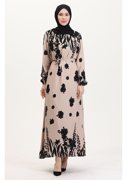 Desenli Kuşaklı Viskon Elbise 0018-02 Sütlü Kahve Siyah