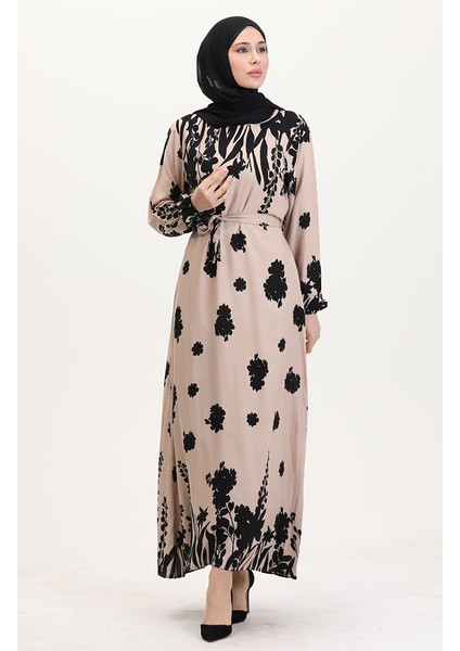 Desenli Kuşaklı Viskon Elbise 0018-02 Sütlü Kahve Siyah fiyatları