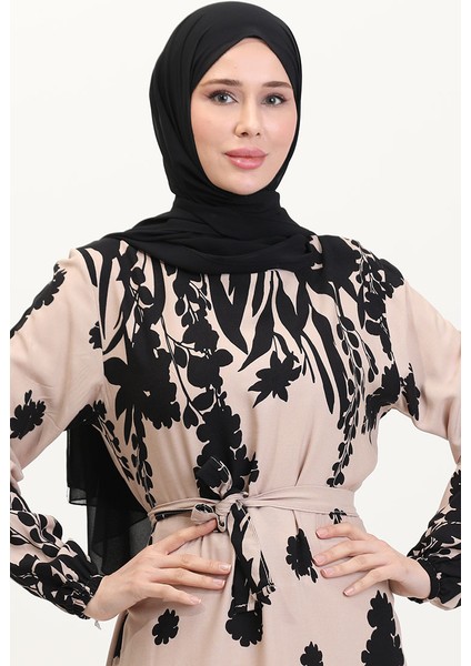 Desenli Kuşaklı Viskon Elbise 0018-02 Sütlü Kahve Siyah modelleri