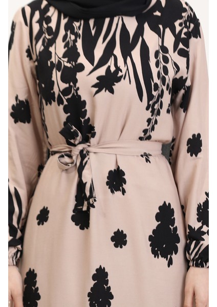 Desenli Kuşaklı Viskon Elbise 0018-02 Sütlü Kahve Siyah fırsatları
