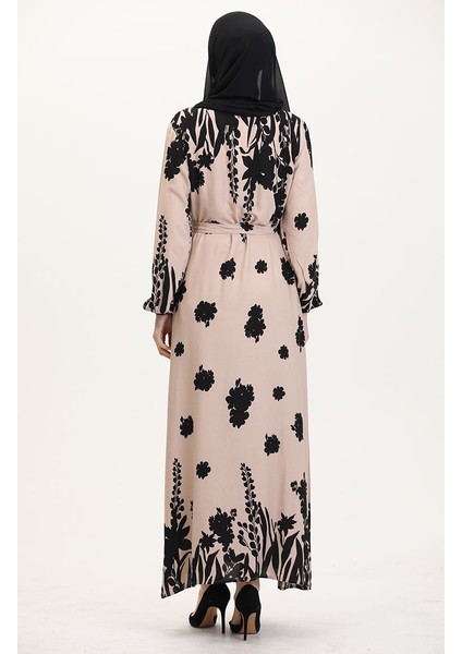 Desenli Kuşaklı Viskon Elbise 0018-02 Sütlü Kahve Siyah indirimleri