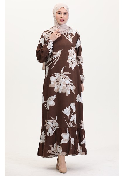 Kolu Lastikli Desenli Viskon Elbise 0016-01 Kahverengi