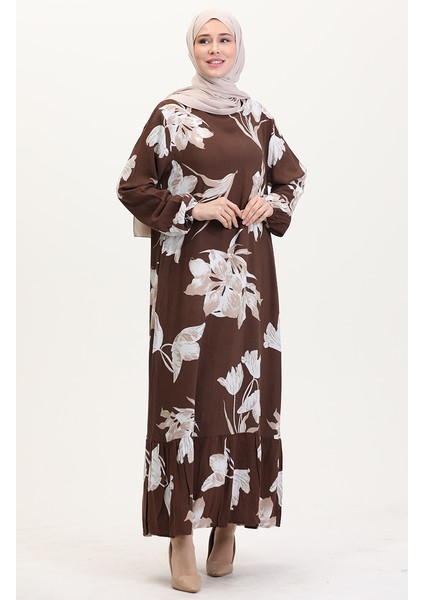 Kolu Lastikli Desenli Viskon Elbise 0016-01 Kahverengi fiyatları