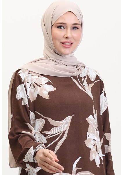 Kolu Lastikli Desenli Viskon Elbise 0016-01 Kahverengi modelleri