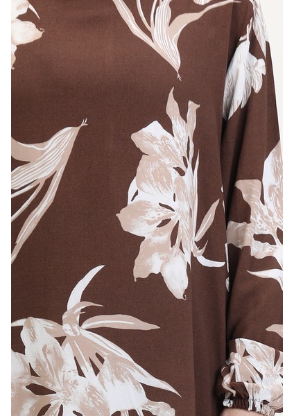 Kolu Lastikli Desenli Viskon Elbise 0016-01 Kahverengi fırsatları
