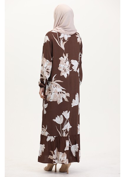 Kolu Lastikli Desenli Viskon Elbise 0016-01 Kahverengi indirimleri