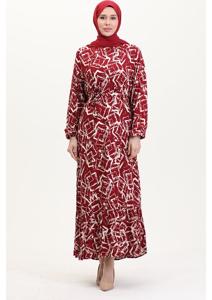 Desenli Kuşaklı Viskon Elbise 0011-05 Bordo