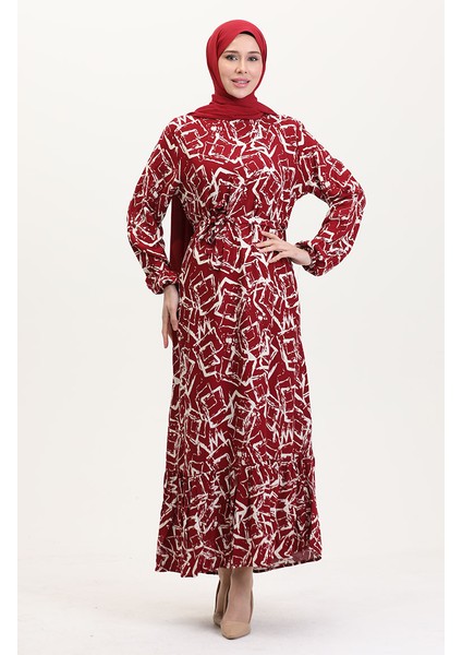 Desenli Kuşaklı Viskon Elbise 0011-05 Bordo fiyatları
