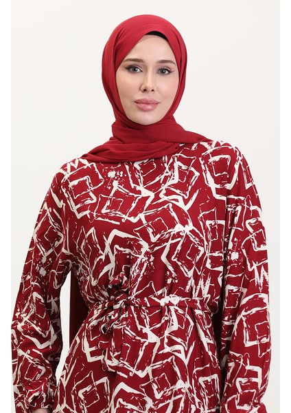 Desenli Kuşaklı Viskon Elbise 0011-05 Bordo modelleri