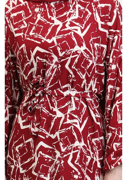 Desenli Kuşaklı Viskon Elbise 0011-05 Bordo fırsatları