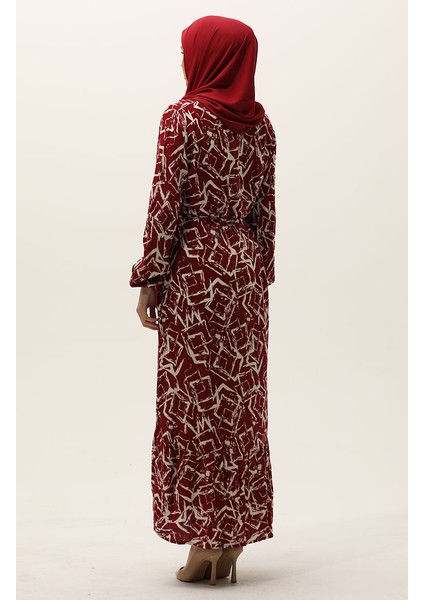 Desenli Kuşaklı Viskon Elbise 0011-05 Bordo indirimleri
