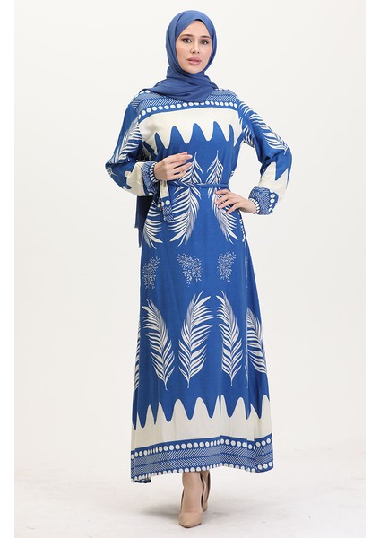 Desenli Kuşaklı Viskon Elbise 0019-05 Indigo Bej fiyatları