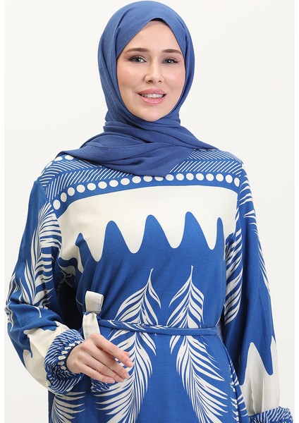 Desenli Kuşaklı Viskon Elbise 0019-05 Indigo Bej modelleri
