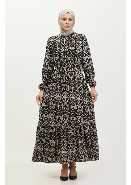 Desenli Viskon Elbise 0010-02 Siyah