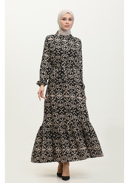 Desenli Viskon Elbise 0010-02 Siyah fiyatları