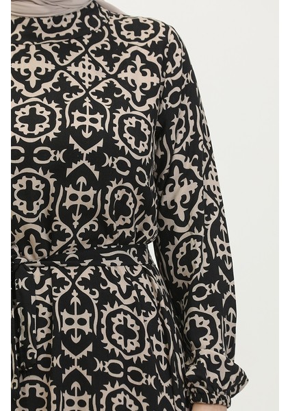 Desenli Viskon Elbise 0010-02 Siyah fırsatları