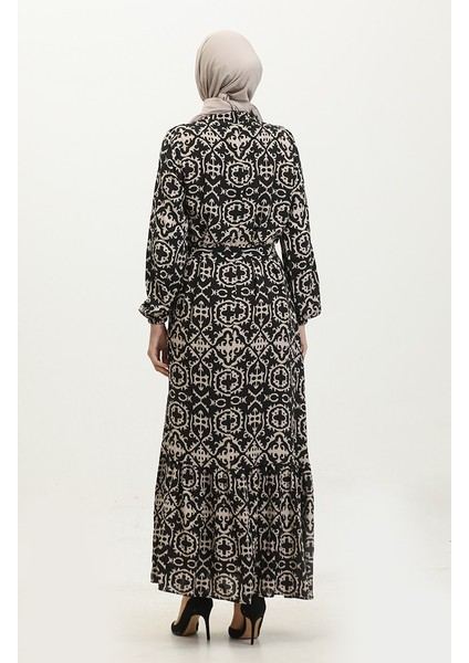 Desenli Viskon Elbise 0010-02 Siyah indirimleri