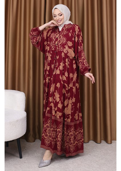 Balon Kol Çiçek Desenli Elbise 5574-03 Bordo fiyatları