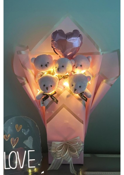 Sevgiliye LED Işıklı Özel Pembe Konsept Balonlu Romantik Peluş Ayıcık Buketi