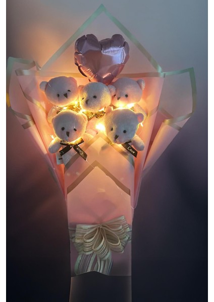 Sevgiliye LED Işıklı Özel Pembe Konsept Balonlu Romantik Peluş Ayıcık Buketi modelleri
