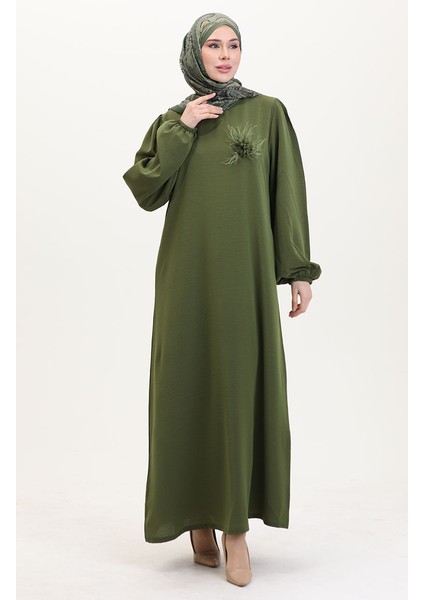 Broş Detaylı Elbise 0017-04 Haki