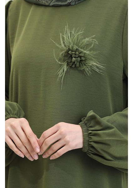 Broş Detaylı Elbise 0017-04 Haki