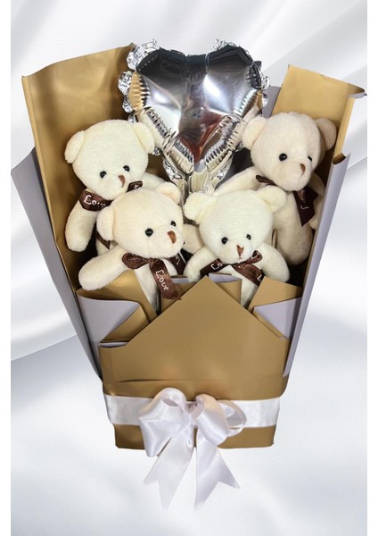 Sevgiliye Özel Dore-Gümüş Konsept Balonlu Romantik Peluş Ayıcık Buketi