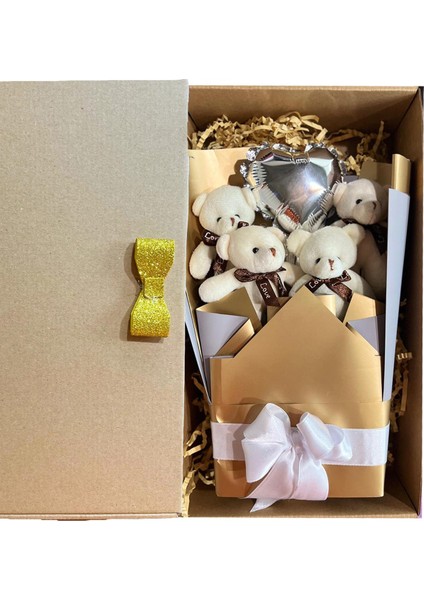 Sevgiliye Özel Dore-Gümüş Konsept Balonlu Romantik Peluş Ayıcık Buketi fiyatları