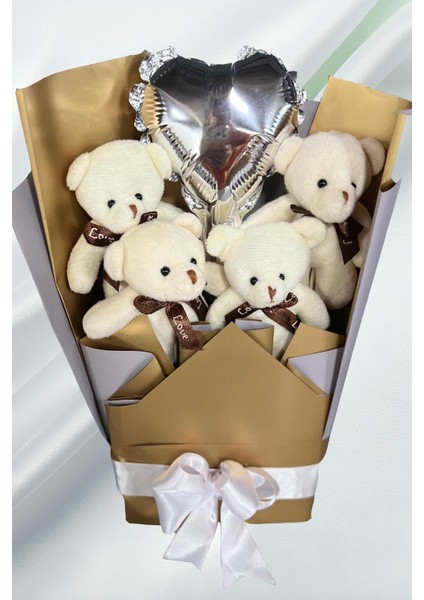 Sevgiliye Özel Dore-Gümüş Konsept Balonlu Romantik Peluş Ayıcık Buketi modelleri