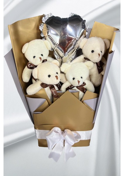 Sevgiliye Özel Dore-Gümüş Konsept Balonlu Romantik Peluş Ayıcık Buketi fırsatları