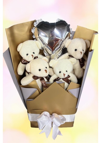 Sevgiliye Özel Dore-Gümüş Konsept Balonlu Romantik Peluş Ayıcık Buketi indirimleri