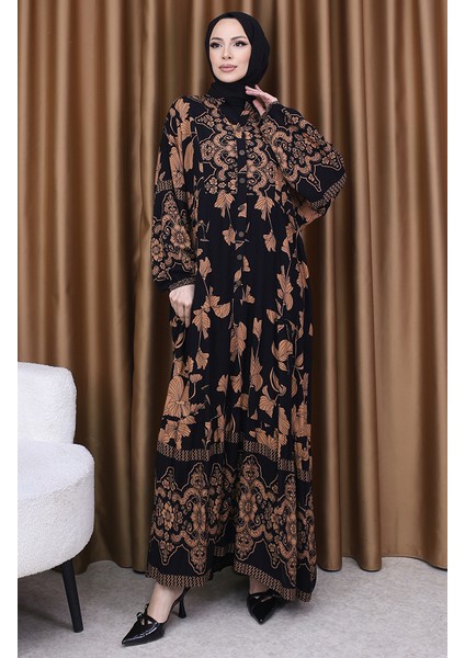 Balon Kol Çiçek Desenli Elbise 5574-01 Siyah Kahverengi