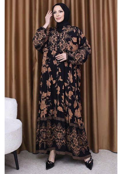 Balon Kol Çiçek Desenli Elbise 5574-01 Siyah Kahverengi fiyatları