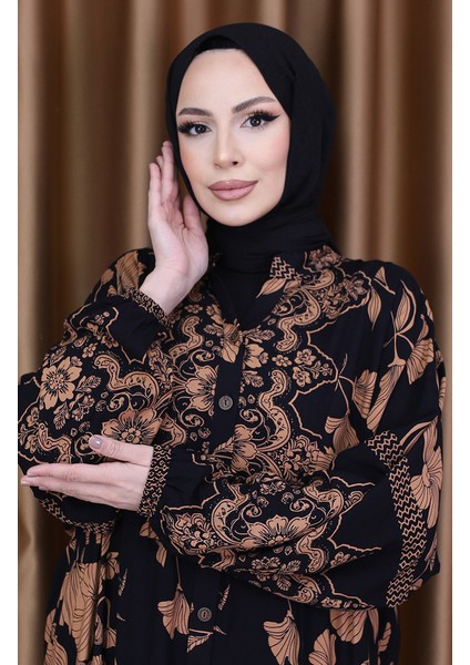 Balon Kol Çiçek Desenli Elbise 5574-01 Siyah Kahverengi modelleri